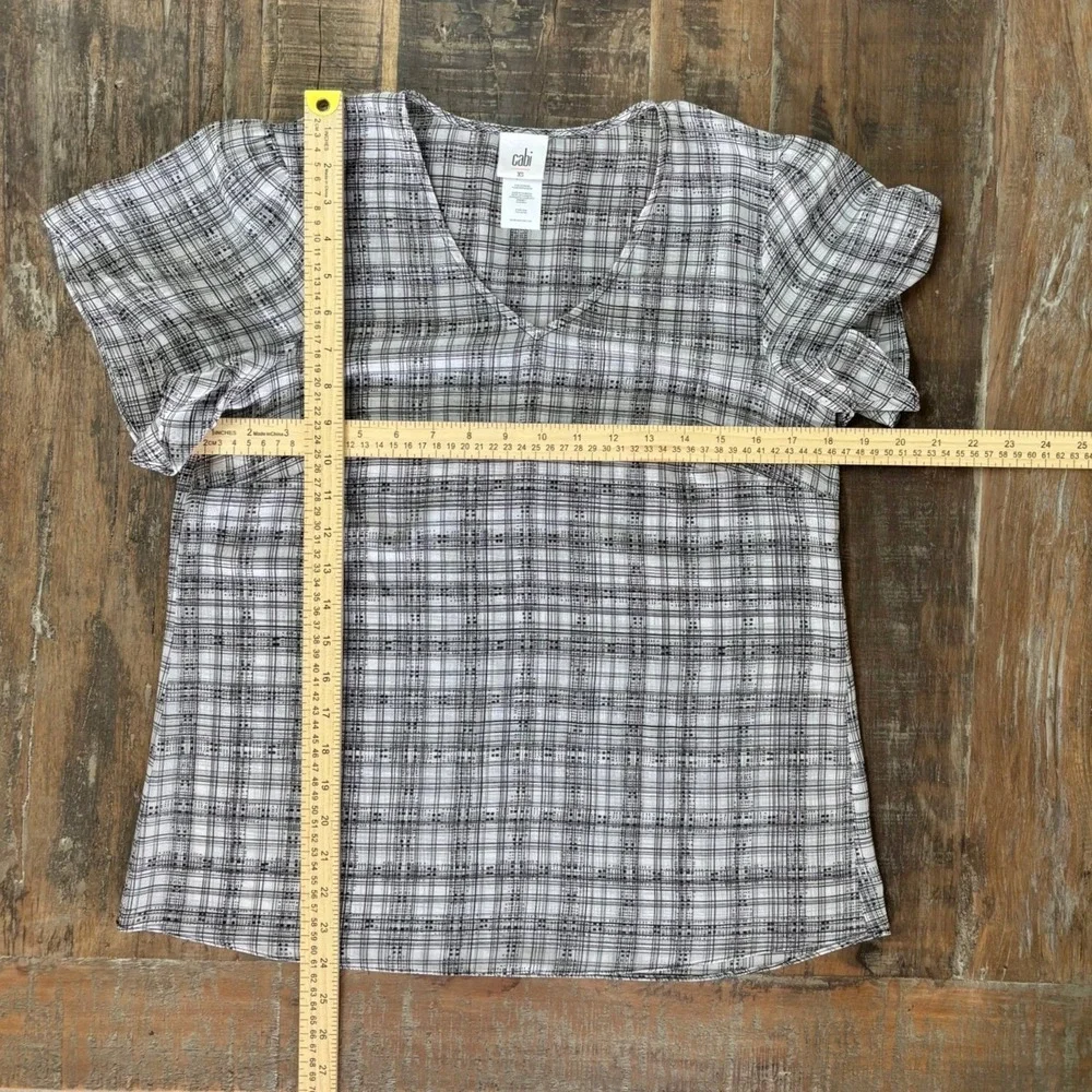 Cabi Sheer Fairy Goth Black White Grid V-Neck Tiered Flutter Sleeve Blouse XS - Picture 4 of 9